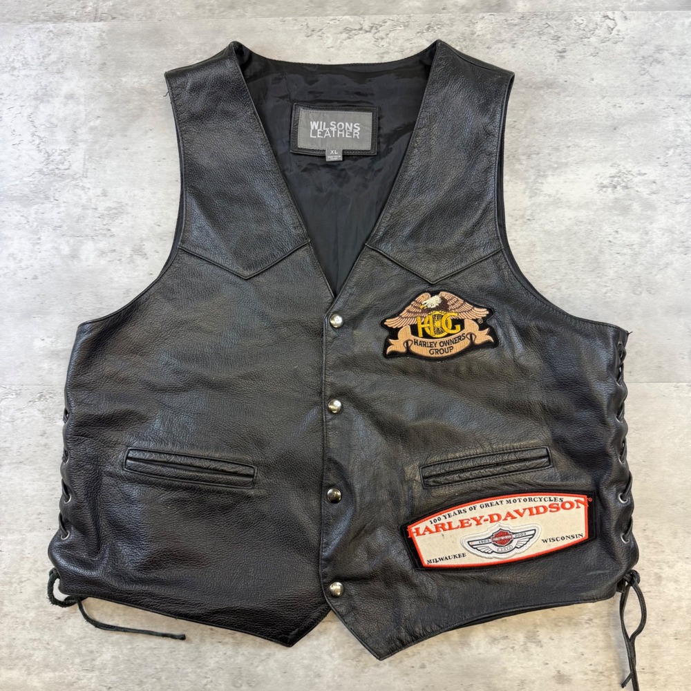 Wilsons Leather Harley Davidson HOG Patches Biker Vest Black XL Side Lace Eagle